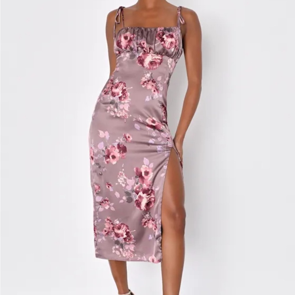 Lulu's Mauve Floral Satin Midi Dress